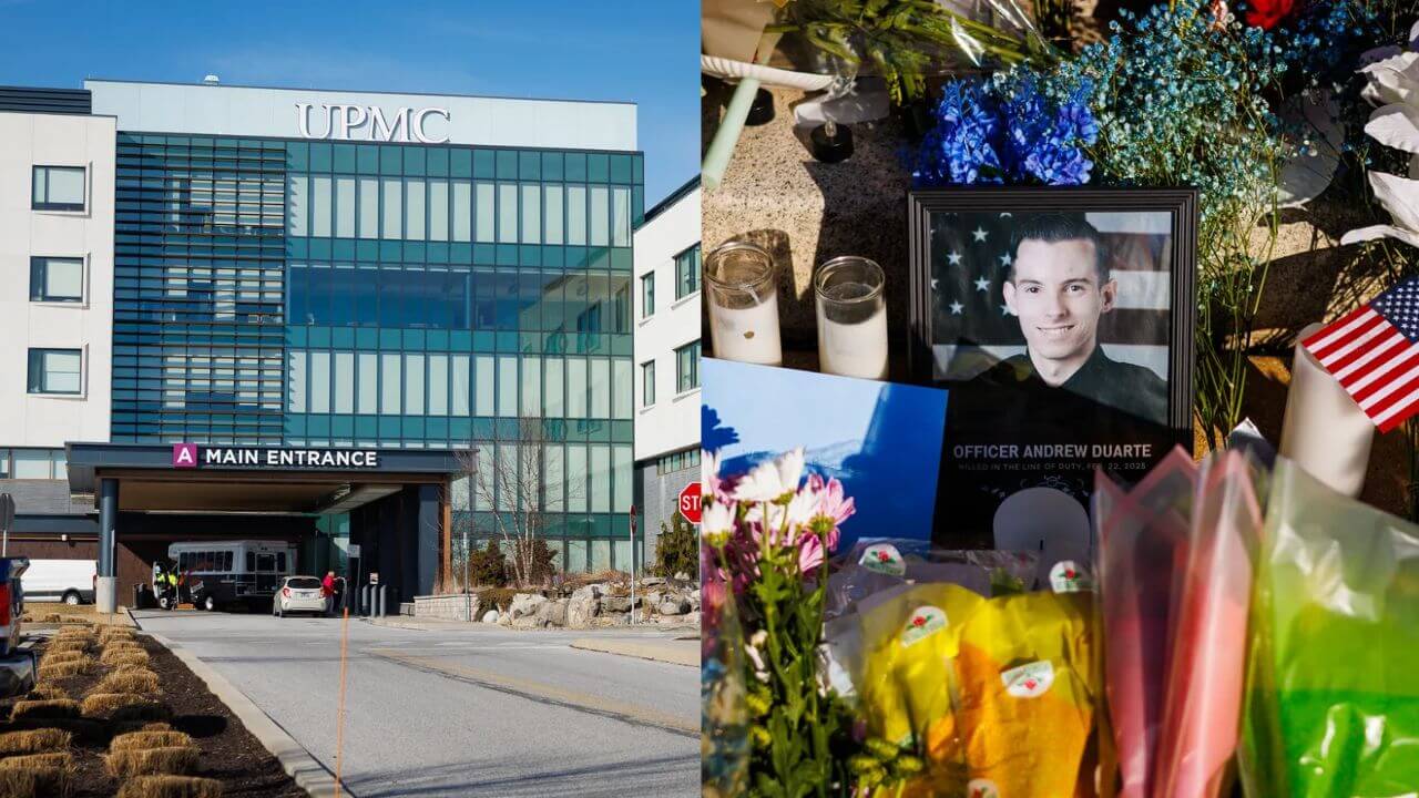 Left: UPMC Memorial, two days after an active shooter incident at the hospital; Right: A framed photograph of West York Police Officer Andrew Duarte is seen among flowers at a memorial on the front steps of the West York Borough Police Department after officer Duarte was killed in the line of duty during an active shooter incident over the weekend, highlighting rising workplace violence against healthcare workers
