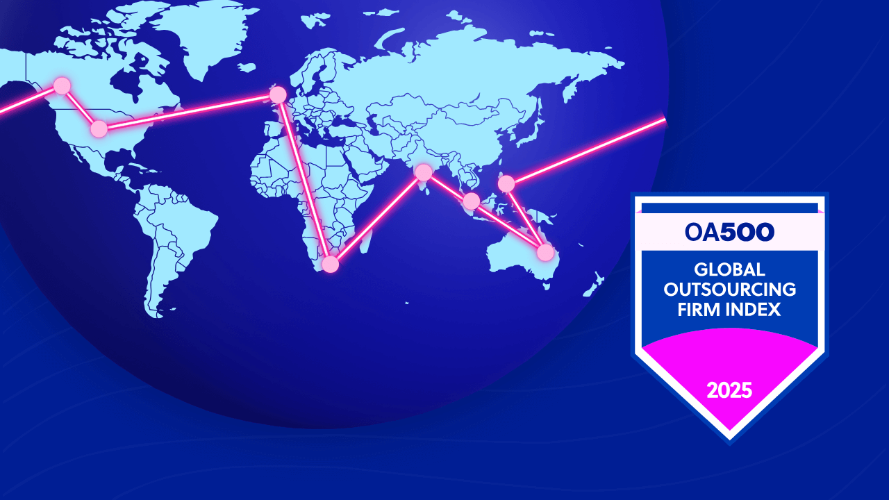 globe showing outsourcing hubs and OA500 badge logo
